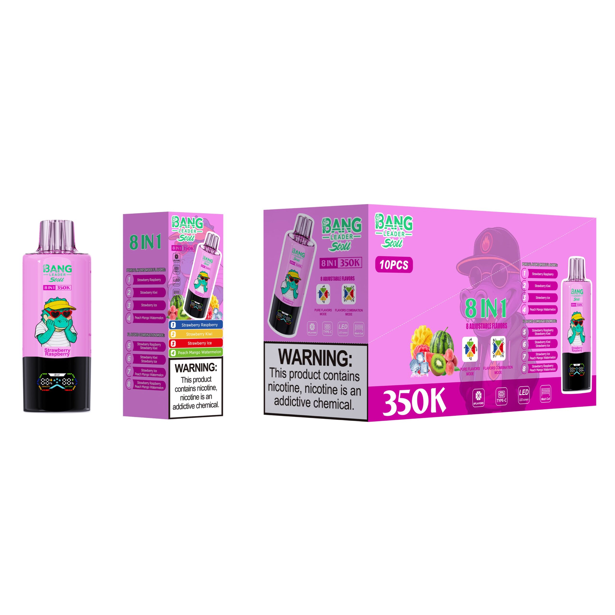 Bang Leader 350K Strawberry Raspberry / Strawberry Kiwi / Strawberry Ice / Peach Mango Watermelon - immagine 2