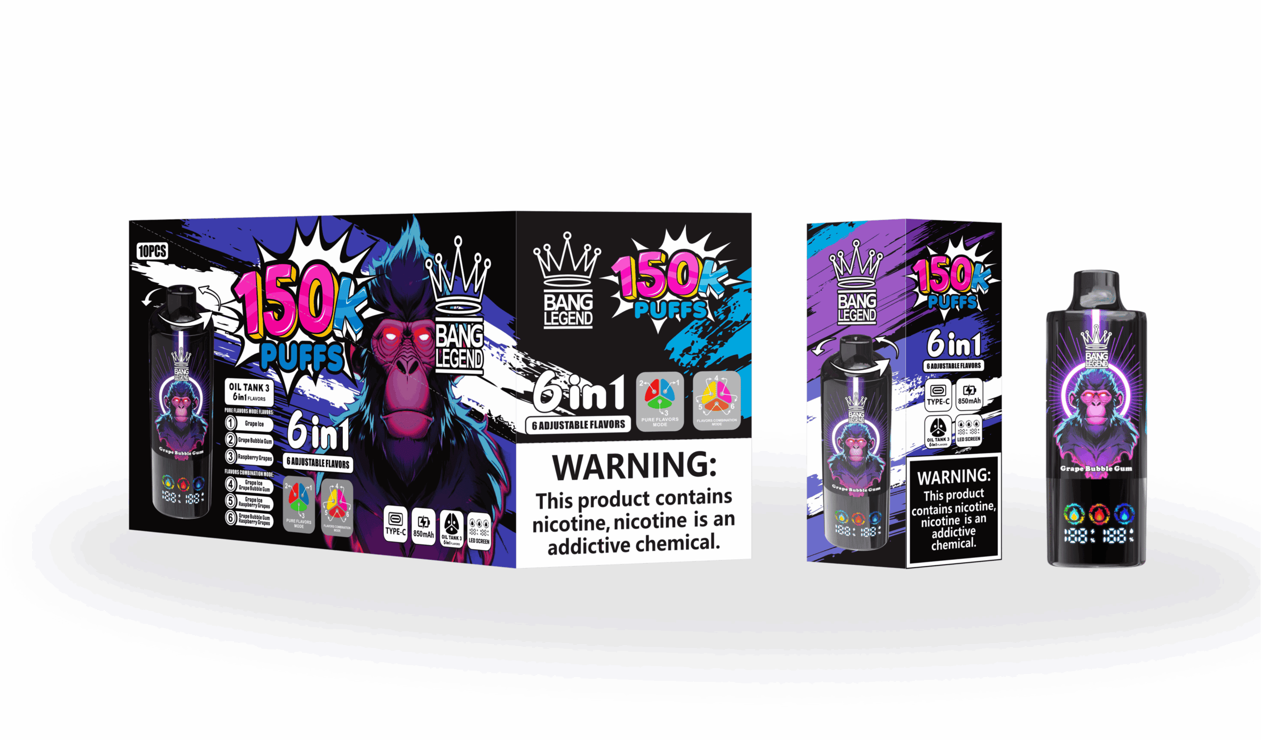 Bang Legend 150K Grape Ice / Grape Bubble Gum / Raspberry Grapes - immagine 2